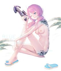 Rule 34 | 1girl, absurdres, ahoge, arknights, blue eyes, blue nails, blue poison (arknights), bow (weapon), breasts, character name, closed mouth, colored skin, commentary request, copyright name, crossbow, flip-flops, highres, long hair, low twintails, nail polish, navel, nipples, nude, one eye closed, pink hair, sandals, shoes, single shoe, sitting, small breasts, solo, twintails, weapon, yaoko