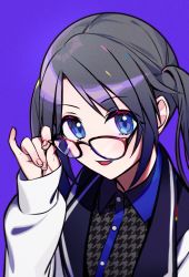 Rule 34 | 1girl, black-framed eyewear, black hair, black shirt, blue collar, blue eyes, buttons, collar, commentary, unworn eyewear, glasses, hand up, highres, holding, holding removed eyewear, idolmaster, idolmaster shiny colors, jacket, light blush, long hair, long sleeves, looking at viewer, mitsumine yuika, parted lips, purple background, removing eyewear, shirt, solo, twintails, upper body, white sleeves, yuura