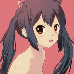 Rule 34 | 00s, 1girl, :d, animal ears, black hair, blush, breasts, cat ears, cleavage, collarbone, completely nude, k-on!, kikumaru bunta, long hair, looking at viewer, nakano azusa, nude, open mouth, orange eyes, out-of-frame censoring, portrait, red background, simple background, small breasts, smile, solo, twintails, upper body