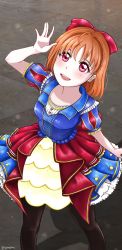 Rule 34 | 1girl, artist name, artist request, black legwear, blue dress, blush, bow, braid, breasts, collarbone, crown braid, dress, female focus, frilled dress, frills, galaxyplums, hair bow, hand wave, heart, heart print, highres, looking at viewer, love live!, love live! school idol festival, love live! sunshine!!, one more sunshine story, orange hair, parted lips, puffy short sleeves, puffy sleeves, red bow, red eyes, red skirt, short hair, short sleeves, skirt, smile, solo, takami chika