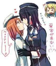 Rule 34 | &gt; &lt;, 3girls, aoki shizumi, atago (kancolle), black gloves, black hair, blonde hair, blue hat, closed eyes, emoji, female admiral (kancolle), gloves, hat, heart, kantai collection, long hair, long sleeves, looking at another, medium hair, multiple girls, orange hair, profile, sketch, sweat, takao (kancolle), thought bubble, translation request, upper body, white hat, yuri