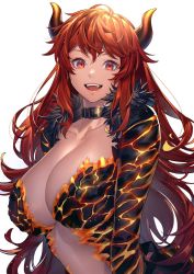 Rule 34 | 1girl, breasts, cleavage, collar, dola (nijisanji), dragon girl, dragon horns, fur trim, hair between eyes, highres, horns, large breasts, long hair, long sleeves, looking at viewer, nijisanji, open mouth, plunging neckline, red eyes, red hair, revealing clothes, solo, tenobe, virtual youtuber, white background