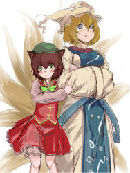 Rule 34 | 2girls, animal ears, arm hug, blonde hair, bloomers, blue eyes, blush, blush stickers, breasts, brown hair, cat ears, cat girl, cat tail, chen, dress, female focus, fox ears, fox tail, green eyes, hands in opposite sleeves, hat, highres, large breasts, multiple girls, multiple tails, nail polish, peperoncirno, short hair, tail, touhou, underwear, wide sleeves, yakumo ran