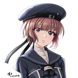 Rule 34 | 1girl, blue dress, blue hat, brown eyes, brown hair, clothes writing, commentary request, dated, dress, hat, kantai collection, one-hour drawing challenge, sailor dress, sailor hat, short hair, signature, simple background, solo, tk8d32, white background, z3 max schultz (kancolle)