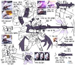 Rule 34 | 1girl, blue archive, coat, flukhan, game screenshot, gun, hair ornament, hairclip, halo, highres, hina (blue archive), hina (swimsuit) (blue archive), holding, holding gun, holding weapon, horns, korean text, long hair, long sleeves, low wings, machine gun, multiple horns, multiple views, reference inset, simple background, skirt, thighhighs, translation request, twitter username, weapon, white background, wings