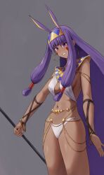 1girl animal_ears bare_shoulders belly_chain bracelet breasts dark-skinned_female dark_skin earrings facepaint facial_mark fate/grand_order fate_(series) grin hairband halterneck highres hoop_earrings jackal_ears jewelry long_hair looking_at_viewer medium_breasts navel nitocris_(fate) purple_eyes purple_hair sarhce sidelocks smile solo staff thighs usekh_collar very_long_hair