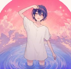 Rule 34 | arm up, blush, chisumi, commentary, english commentary, hair between eyes, highres, open mouth, original, purple hair, red eyes, ripples, shirt, short sleeves, solo, standing, tears, water, white shirt, wide sleeves