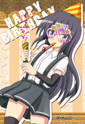 Rule 34 | 10s, 1girl, arm warmers, asashio (kancolle), bespectacled, black hair, black thighhighs, blue eyes, buttons, dress shirt, glasses, happy birthday, hat, highres, kantai collection, long hair, looking at viewer, mouth hold, panties, panty peek, party hat, party popper, shirt, skirt, solo, striped, suspenders, tamayan, thighhighs, twitter username, underwear, white panties