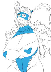 Rule 34 | 1girl, breasts, butcherboy, cleavage, cleavage cutout, clothing cutout, domino mask, heart, heart print, huge breasts, leotard, long hair, mask, rainbow mika, smile, solo, street fighter, twintails