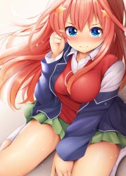 Rule 34 | 1girl, between legs, blazer, blue eyes, blue jacket, blush, breasts, brown background, collared shirt, commentary request, dress shirt, floating hair, go-toubun no hanayome, green skirt, hair between eyes, hair ornament, hand between legs, highres, jacket, kneehighs, large breasts, long hair, long sleeves, minato ojitan, nakano itsuki, no shoes, nose blush, off shoulder, open clothes, open jacket, orange hair, pleated skirt, revision, shirt, sitting, skirt, socks, solo, star (symbol), star hair ornament, sweater vest, thighs, very long hair, wariza, white shirt, white socks