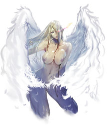 Rule 34 | 1girl, angel, blonde hair, blue eyes, breast press, breasts, convenient censoring, eyeliner, feathered wings, feathers, female focus, fingernails, full body, hair over one eye, hand on own thigh, highres, large breasts, long fingernails, long hair, looking at viewer, makeup, nail polish, navel, nipples, nude, original, parted lips, pointy ears, simple background, sitting, solo, suke akurou, wariza, white background, white wings, wing censor, wings