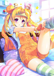 Rule 34 | 1girl, alternate costume, blonde hair, blouse, blue shirt, bucchake (asami), commentary request, contemporary, cropped legs, day, double bun, fingerless gloves, flower, glint, gloves, hair between eyes, hair bun, hair intakes, heart, heart-shaped pillow, hide yoshino, indoors, leg lift, looking at viewer, oda nobunaga (sengoku otome), on bed, orange overalls, overalls, photo (object), picture frame, pillow, polka dot pillow, purple eyes, sengoku otome, shelf, shirt, short sleeves, sitting, solo, sparkle, star (symbol), striped clothes, striped overalls, striped pillow, striped thighhighs, stuffed monkey, sunlight, thighhighs, thighhighs pull, thighs, triangle mouth, twintails, visor cap, white shirt, window