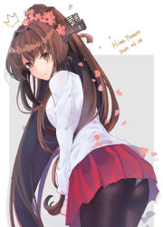 Rule 34 | 1girl, 2020, alternate costume, brown eyes, brown hair, character name, cherry blossoms, dated, female focus, flower, hair flower, hair ornament, highres, himeyamato, kantai collection, long hair, looking at viewer, matching hair/eyes, ponytail, red skirt, self-upload, skirt, solo, very long hair, yamato (kancolle)
