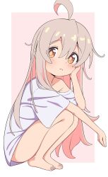 Rule 34 | 1girl, :&lt;, absurdres, ahoge, bare arms, bare legs, barefoot, brown eyes, commentary, eyes visible through hair, full body, genderswap, genderswap (mtf), godyuurei, grey hair, hair between eyes, head rest, highres, light blush, long hair, looking at viewer, no pants, off shoulder, onii-chan wa oshimai!, oversized clothes, oversized shirt, oyama mahiro, pink background, pink hair, shirt, short sleeves, simple background, single bare shoulder, sitting, solo, squatting, t-shirt, very long hair, white shirt