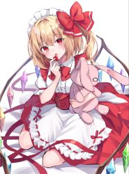 Rule 34 | 1girl, :o, alternate costume, apron, blonde hair, blouse, blush, bow, bowtie, center frills, commentary request, corset, crystal, enmaided, eyelashes, fang, flandre scarlet, food, frills, fruit, hair bow, highres, kure~pu, looking at viewer, maid, maid apron, maid headdress, one side up, open mouth, puffy short sleeves, puffy sleeves, red bow, red bowtie, red corset, red eyes, shirt, short sleeves, sitting, skin fang, solo, strawberry, stuffed toy, touhou, white shirt, wings