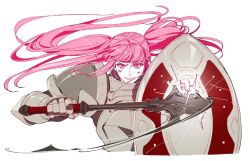 Rule 34 | 1girl, armor, axe, banging, female focus, fire emblem, fire emblem: three houses, hilda valentine goneril, holding, holding axe, holding shield, holding weapon, long hair, mace, matching hair/eyes, nintendo, pauldrons, pink eyes, pink hair, shield, shoulder armor, solo, twintails, weapon, white background