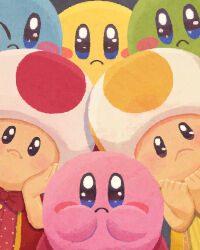Rule 34 | blue skin, blush stickers, bow, bowtie, colored skin, commentary request, crossover, green skin, highres, kirby, kirby (series), looking at viewer, mario (series), miclot, nintendo, no humans, one eye closed, pink skin, solid oval eyes, the super mario bros. movie, toad (mario), yellow skin