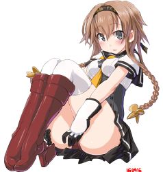 Rule 34 | 10s, 1girl, boots, braid, brown hair, corset, dated, dd (ijigendd), full body, gloves, grey eyes, hair ornament, hairband, hand on own ass, kantai collection, knee boots, knees up, legs together, long hair, looking at viewer, neckerchief, panties, pantyshot, propeller hair ornament, red footwear, red panties, rudder footwear, short hair with long locks, simple background, sitting, solo, teruzuki (kancolle), thighhighs, thighs, twin braids, underwear, white background, white thighhighs, yellow neckerchief