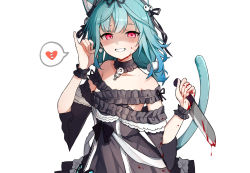 Rule 34 | 1girl, animal ear fluff, animal ears, bare shoulders, black dress, blood, blood on clothes, blood on face, bloody weapon, cat ears, cat tail, collarbone, detached collar, dress, flat chest, ghost earrings, glowing, glowing eyes, green hair, heart, holding, holding knife, hololive, kemonomimi mode, knife, off-shoulder dress, off shoulder, red eyes, saple, shaded face, short twintails, solo, speech bubble, spoken heart, tail, twintails, uruha rushia, uruha rushia (3rd costume), virtual youtuber, weapon, yandere