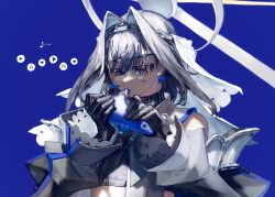 Rule 34 | 1girl, bare shoulders, black gloves, black hair, blue background, blue eyes, blue trim, bow, bow earrings, breasts, button prompt, chain headband, clothing cutout, cropped torso, detached sleeves, earrings, gloves, hair intakes, half-closed eyes, halo, heart-shaped gem, highres, hololive, hololive english, instrument, jewelry, large breasts, looking at object, mechanical halo, music, musical note, ocarina, ouro kronii, ouro kronii (1st costume), playing instrument, puffy sleeves, quasarcake, sailor collar, shirt, short hair, sleeveless, sleeveless shirt, sleeveless turtleneck, triforce, turtleneck, underboob cutout, virtual youtuber, white veil, zipper