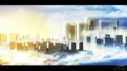 Rule 34 | artist name, building, city, cloud, dated, english text, gradient sky, letterboxed, no humans, original, outdoors, scenery, signature, sky, skyscraper, sunrise, waisshu (sougyokyuu)