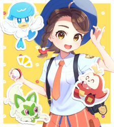 Rule 34 | 1girl, :d, ahoge, backpack, bag, black bag, blue headwear, blush, braid, breast pocket, brown eyes, brown hair, collared shirt, commentary request, creatures (company), fuecoco, game freak, hat, highres, holding, holding poke ball, juliana (pokemon), logo, looking at viewer, necktie, nintendo, notice lines, open mouth, orange necktie, orange shorts, outline, pocket, poke ball, poke ball (basic), poke ball symbol, pokemon, pokemon (creature), pokemon sv, quaxly, shirt, short sleeves, shorts, smile, sprigatito, starter pokemon trio, teeth, terupu (eule312), tongue, upper teeth only, white shirt, yellow background