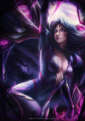 Rule 34 | 1girl, arm up, axsen, black hair, bodysuit, breasts, cleavage, covered navel, eyelashes, facial mark, kai&#039;sa, league of legends, living clothes, medium breasts, patreon username, purple eyes, signature, skin tight, solo, tagme, thighs, watermark, web address, whisker markings