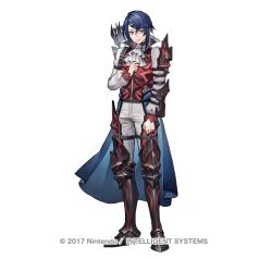 Rule 34 | 1boy, alcryst (fire emblem), armor, arrow (projectile), ascot, blue hair, fire emblem, fire emblem engage, fire emblem heroes, full body, hair between eyes, hair ornament, hairclip, long sleeves, looking at viewer, male focus, nintendo, official art, pants, red eyes, red vest, senano-yu, shirt, short hair, shoulder armor, sidelocks, solo, standing, vest, waist cape, watermark, white ascot, white background, white pants, white shirt