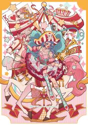 Rule 34 | 1girl, blue eyes, blue hair, bow, buggy the clown, card, carousel, checkered socks, clown nose, confetti, corset, crocodile (one piece), detached sleeves, devil fruit power, dracule mihawk, dress, english text, eriochromatic, facepaint, food, frilled dress, frills, genderswap, genderswap (mtf), gloves, green corset, hat, heart, highres, horse, horseback riding, knife, long hair, makeup, one piece, party popper, pink bow, pink dress, pirate hat, playing card, popcorn, puffy short sleeves, puffy sleeves, riding, shanks (one piece), short sleeves, skull and crossbones, star (symbol), ticket, twitter username, two-tone dress, white dress, white gloves