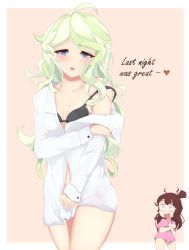 Rule 34 | 2girls, :o, bare shoulders, black bra, blonde hair, blue eyes, blush, bra, brown hair, collarbone, commentary request, diana cavendish, english text, heart, heart-shaped pupils, highres, kagari atsuko, light green hair, little witch academia, long hair, long sleeves, looking at viewer, messy hair, multicolored hair, multiple girls, off-shoulder shirt, off shoulder, open clothes, open mouth, open shirt, pink shirt, ponytail, red eyes, school uniform, shirt, solo focus, soveno, symbol-shaped pupils, underwear, yuri