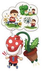 Rule 34 | !, !!, 1boy, absurdres, angry, animal crossing, axe, blouse, brown hair, eggloaf, flower, full body, highres, male focus, mario (series), nintendo, open mouth, piranha plant, plant, red shirt, shirt, short hair, shovel, simple background, socks, spikes, super smash bros., teeth, villager (animal crossing), white background