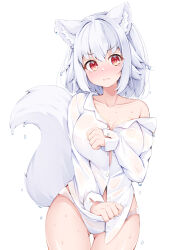 Rule 34 | 1girl, animal ears, blush, breasts, cleavage, closed mouth, commentary request, cowboy shot, inubashiri momiji, large breasts, looking at viewer, panties, red eyes, rururiaru, shirt, short hair, simple background, solo, tail, tearing up, touhou, underwear, white background, white panties, white shirt, wolf ears, wolf girl, wolf tail