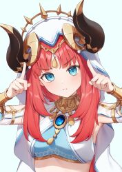 Rule 34 | 1girl, :i, absurdres, aqua background, aqua eyes, armpits, blush, bracer, breasts, brooch, circlet, closed mouth, crop top, detached sleeves, fake horns, genshin impact, gold trim, hands up, highres, horns, index finger raised, jewelry, long hair, looking at viewer, medium breasts, neck ring, nilou (genshin impact), parted bangs, portrait, pout, red hair, sidelocks, simple background, solo, upper body, v-shaped eyebrows, veil, yuu maraa