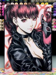 Rule 34 | 1girl, art tools in frame, black choker, black jacket, breasts, choker, cleavage, gloves, high ponytail, highres, holding, holding mask, jacket, large breasts, looking at viewer, marker (medium), mask, persona, persona 5, persona 5 the royal, pink lips, ponytail, red eyes, red gloves, red hair, signature, smile, stanley lau, traditional media, unworn mask, yoshizawa kasumi