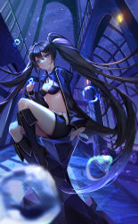 Rule 34 | 1girl, absurdres, arua, belt, belt buckle, bikini, bikini top only, bikini under clothes, black bikini, black coat, black footwear, black hair, black rock shooter, black rock shooter (character), black shorts, blue eyes, blue ribbon, blurry, blurry foreground, boots, buckle, closed mouth, coat, floating hair, full body, hair between eyes, highres, hood, hood down, knee boots, long hair, long sleeves, midriff, navel, open clothes, open coat, ribbon, short shorts, shorts, sitting, solo, sparkle, stomach, swimsuit, twintails, very long hair, white belt