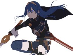 Rule 34 | 1girl, blue eyes, blue hair, blue thighhighs, bodysuit, boots, cape, closed mouth, fingerless gloves, fire emblem, fire emblem awakening, frown, gloves, hair ornament, holding, holding sword, holding weapon, long hair, lucina (fire emblem), nintendo, onesie, ribbed bodysuit, ryon (ryonhei), sheath, simple background, solo, squatting, sweater, sword, symbol-shaped pupils, thighhighs, tiara, turtleneck, weapon, white background