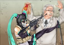 Rule 34 | 1boy, 1girl, artist request, assault rifle, at gunpoint, balaclava, call of duty, call of duty: modern warfare 2, colonel sanders, cosplay, detached sleeves, ghost (modern warfare 2), ghost (modern warfare 2) (cosplay), gloves, gun, hatsune miku, kfc, load bearing vest, m4 carbine, mcdonald&#039;s, rifle, sunglasses, thighhighs, twintails, vocaloid, weapon