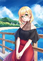 Rule 34 | 1girl, bare shoulders, black dress, blue sky, blush, bob cut, breasts, city, cloud, cloudy sky, collarbone, commentary, dress, earrings, forest, glasses, jewelry, long hair, looking at viewer, myudon18, nature, ocean, original, outdoors, parted lips, red dress, revision, short hair, short sleeves, sky, smile, solo, two-tone dress
