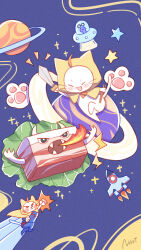 Rule 34 | alien, animal, animal focus, artist request, blush stickers, cape, cat, chinese commentary, chopsticks, closed eyes, clothed animal, commentary request, copyright name, ear covers, fire, floating, highres, holding, holding chopsticks, holding sword, holding weapon, hood, hood up, hooded cape, lettuce, momo (nikki), monster, neck ribbon, nikki (series), no humans, notice lines, official art, open mouth, orange ribbon, paw print, planetary ring, purple cape, ribbon, rocket, second-party source, shining nikki, smile, space, sparkle, star (symbol), sword, two-sided cape, two-sided fabric, ufo, weapon, whiskers, white cat, yellow cape