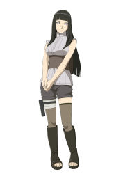 Rule 34 | 1girl, absurdres, black hair, boots, byakugan, full body, highres, hime cut, holster, hyuuga hinata, long hair, looking at viewer, naruto: the last, naruto (series), official art, own hands together, purple eyes, shorts, sleeveless, smile, solo, standing, thigh holster, thighhighs