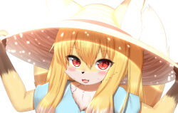 Rule 34 | 1girl, :3, animal ear fluff, animal ears, animal nose, arms up, bloom, blue shirt, blush, close-up, ears through headwear, fang, fox ears, fox girl, fox tail, furry, furry female, hat, highres, holding, holding clothes, holding hat, horokusa (korai), light particles, looking at viewer, open mouth, original, red eyes, shirt, simple background, smile, solo, sun hat, sweat, tail, upper body, white background