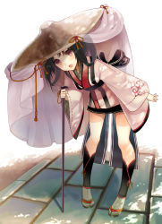 Rule 34 | 1girl, black hair, bow, cane, dappled sunlight, fang, full body, hat, japanese clothes, leaning forward, long hair, open mouth, original, pigeon-toed, red eyes, rice hat, sandals, shade, simple background, solo, split-toe footwear, standing, sunlight, tabi, tassel, veil, white background, yuuki rika