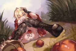 Rule 34 | 1girl, absurdres, ahoge, apple, bad id, bad pixiv id, basket, blonde hair, blue eyes, blush, boots, cross-laced footwear, dress, fingerless gloves, food, frilled dress, frills, fruit, gloves, grass, guanhe, hair between eyes, highres, huge filesize, knee boots, lace-up boots, little red riding hood, little red riding hood (grimm), looking at viewer, one eye closed, panties, red dress, sitting, solo, thighhighs, thighhighs under boots, underwear