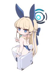 Rule 34 | 1girl, animal ears, ass, blonde hair, blue archive, blue eyes, blue hair, blue halo, blue leotard, blush, braid, closed mouth, detached collar, fake animal ears, fake tail, full body, halo, highres, leotard, long hair, looking at viewer, mota, multicolored hair, official alternate costume, rabbit ears, simple background, solo, strapless, strapless leotard, streaked hair, tail, thighhighs, toki (blue archive), toki (bunny) (blue archive), v, white background, white thighhighs, wrist cuffs