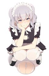 Rule 34 | 1girl, absurdres, accidental exposure, apron, black dress, black footwear, blue eyes, breasts, cameltoe, cat cutout, cleavage, cleavage cutout, cleft of venus, clothing cutout, dress, grey hair, hair between eyes, highres, kantai collection, kashima (kancolle), knees together feet apart, looking at viewer, maid, maid apron, maid headdress, medium breasts, medium hair, mirror, panties, pantyshot, puffy short sleeves, puffy sleeves, short sleeves, simple background, smile, solo, squatting, takaman (gaffe), thighhighs, thighs, tray, two side up, underwear, waist apron, white background, white panties, white thighhighs