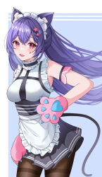 Rule 34 | 1girl, absurdres, ahisazon, animal ears, animal hands, apron, bare shoulders, blue background, blush, border, breasts, brown pantyhose, cat ears, cat paws, cat tail, collared apron, cowboy shot, crossed bangs, facial tattoo, fang, frilled apron, frills, genshin impact, grey corset, grey skirt, heart, heart tattoo, highres, keqing (genshin impact), long hair, maid, medium breasts, open mouth, pantyhose, pink eyes, pleated skirt, purple hair, sidelocks, skirt, smile, standing, tail, tattoo, twintails, white border