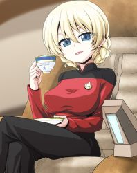 Rule 34 | 10s, 1girl, :d, black pants, blonde hair, blue eyes, blurry, blurry background, braid, breasts, chair, crossed legs, cup, darjeeling (girls und panzer), emblem, french braid, girls und panzer, hair between eyes, head tilt, highres, holding, holding cup, jean-luc picard, kamishima kanon, large breasts, long sleeves, looking at viewer, military, military uniform, open mouth, pants, saucer, short hair, sitting, smile, solo, star trek, star trek: the next generation, teacup, uniform