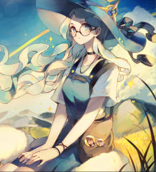 Rule 34 | 1girl, bag, blue sky, choker, closed mouth, cloud, day, diana cavendish, glasses, hadean92, hat, highres, kagari atsuko, kneeling, little witch academia, long hair, looking at viewer, grey eyes, silver hair, sitting, sky, wind