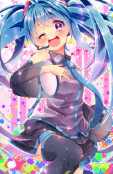Rule 34 | 1girl, ;d, blue hair, detached sleeves, hatsune miku, headset, heart, heart-shaped pupils, long hair, necktie, one eye closed, open mouth, purple eyes, see-through, skirt, smile, solo, symbol-shaped pupils, thighhighs, twintails, urara (sumairuclover), vocaloid, wink