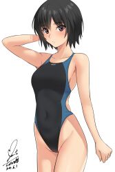 Rule 34 | 1girl, absurdres, amagami, arm at side, arm behind head, bare arms, bare shoulders, black hair, black one-piece swimsuit, blue one-piece swimsuit, blush, breasts, brown eyes, collarbone, commentary, competition swimsuit, covered navel, dated, groin, hair between eyes, highleg, highleg swimsuit, highres, legs together, looking at viewer, medium breasts, nanasaki ai, one-piece swimsuit, parted lips, shadow, short hair, signature, simple background, solo, standing, swimsuit, teeth, two-tone swimsuit, white background, yoo tenchi